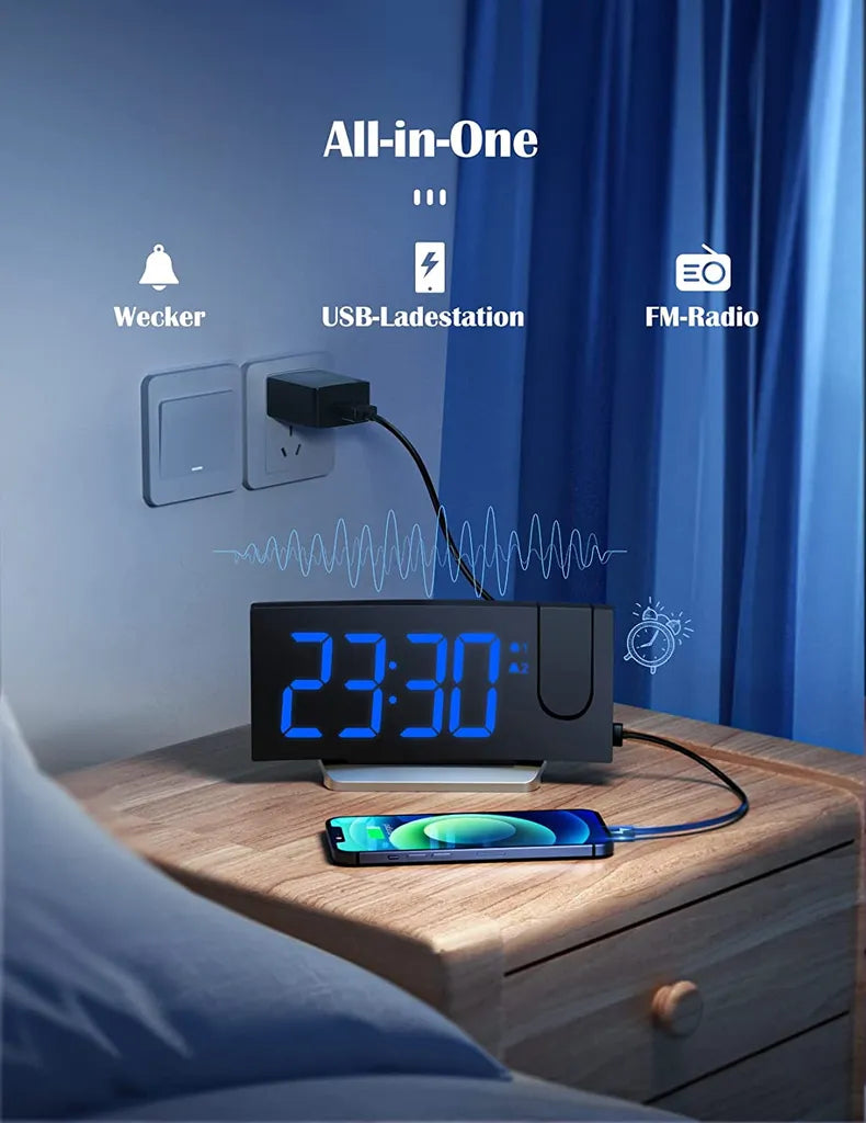  Radiowecker,Digital Wecker Mit Projektion 180°,Projektionswecker Mit USB