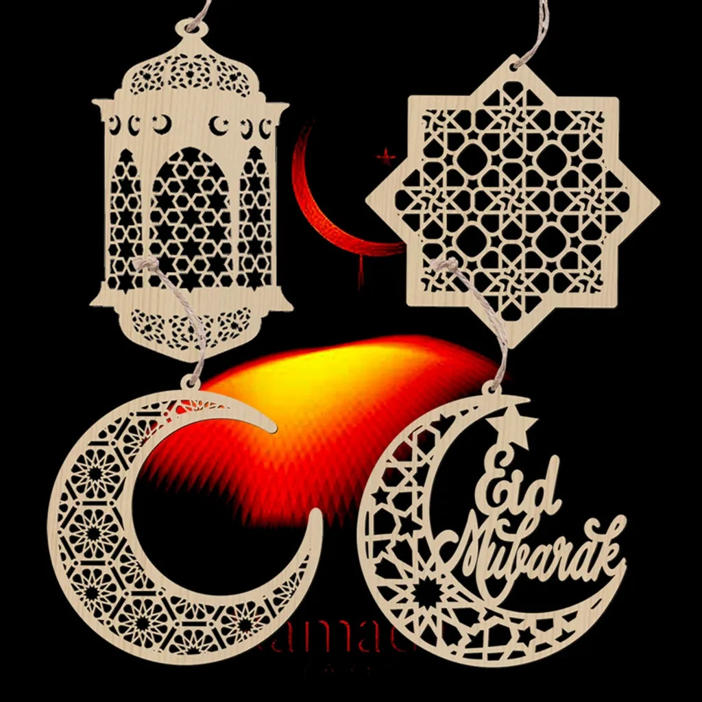  4 Stücke Holz Anhänger Ornament Ramadan Mubarak Eid Kareem Dekoration Mond Sterne Wind Licht Form Anhänger Ornament Für Ramadan Dekorationen