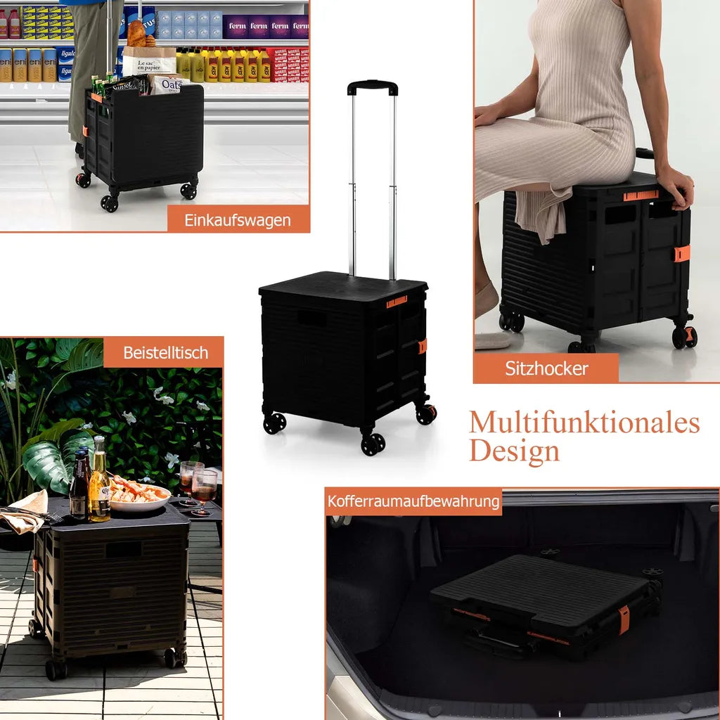  COSTWAY 55L Einkaufstrolley 80kg Belastbar, Klappbarer Einkaufswagen Mit 3-fach Verstellbarem Griff, 2 Bremsbaren Universalrädern & Erweiterbarer Obere Abdeckung, Handwagen Tragbar, Schwarz