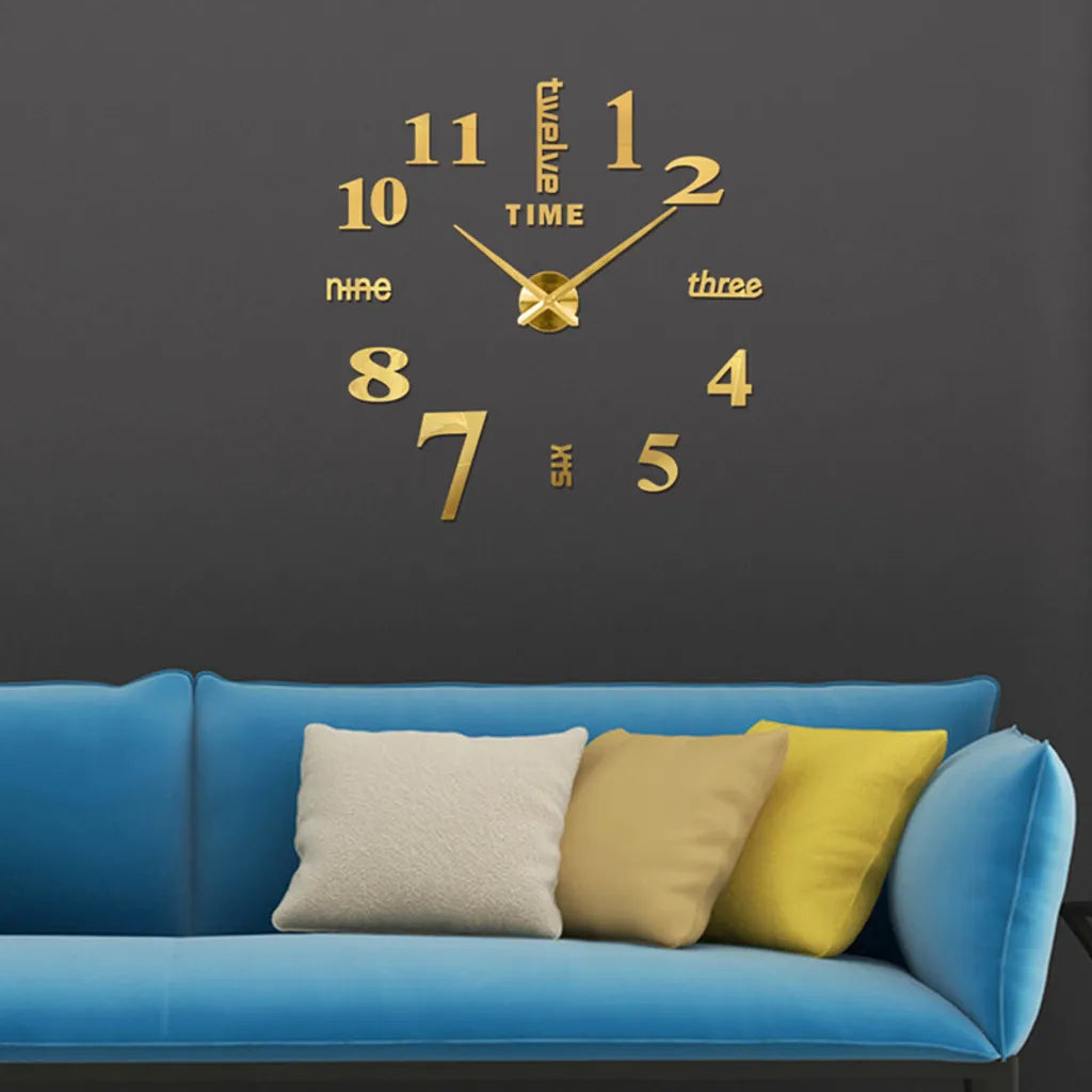  47“ 3D Spiegel Wanduhr Kleben Große Wall Clock Rahmenlose DIY Wanduhr Wandtattoo Wanduhr 120*120cm (Gold)
