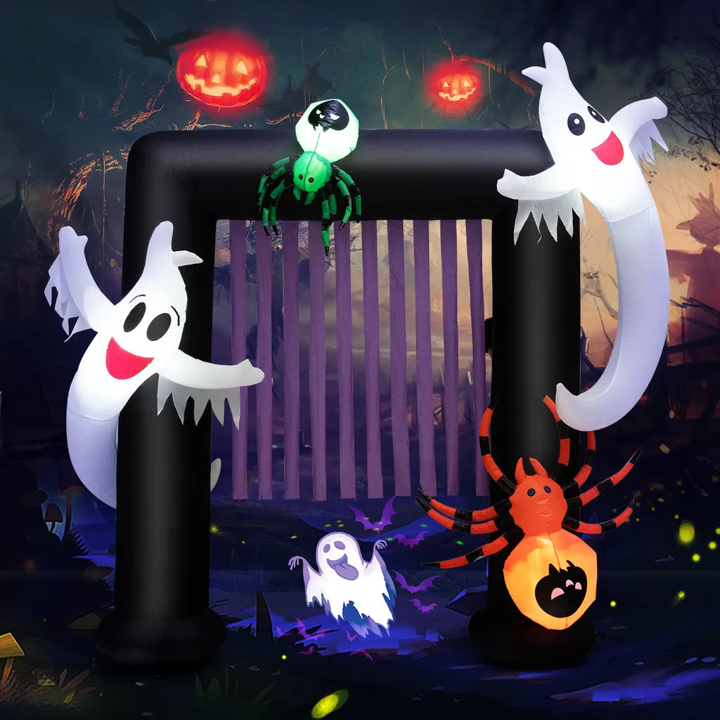  COSTWAY LED Aufblasbarer Halloween-Torbogen 223cm, Festliche Halloween-Dekoration Mit 2 Geistern & 2 Spinnen, Inkl. Wasserdichtem Gebläse, Für Die Veranda, Garten