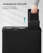  SONGMICS Mülleimer Für Die Küche, 3 X 8 Liter, Abfalleimer Aus Metall, 3-in-1 Treteimer, Mülltrennung, Mülltrennsystem, 15 Müllbeutel, Einfach Zu Reinigen, Stahl, Schwarz LTB24BK