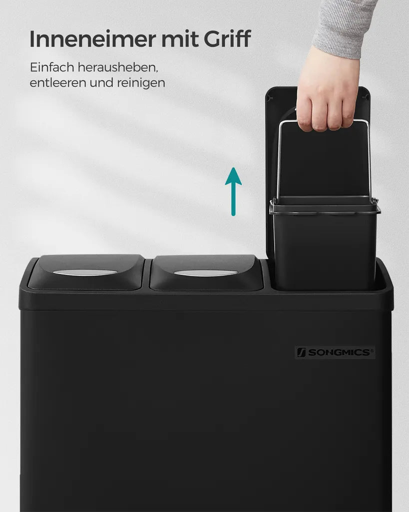  SONGMICS Mülleimer Für Die Küche, 3 X 8 Liter, Abfalleimer Aus Metall, 3-in-1 Treteimer, Mülltrennung, Mülltrennsystem, 15 Müllbeutel, Einfach Zu Reinigen, Stahl, Schwarz LTB24BK