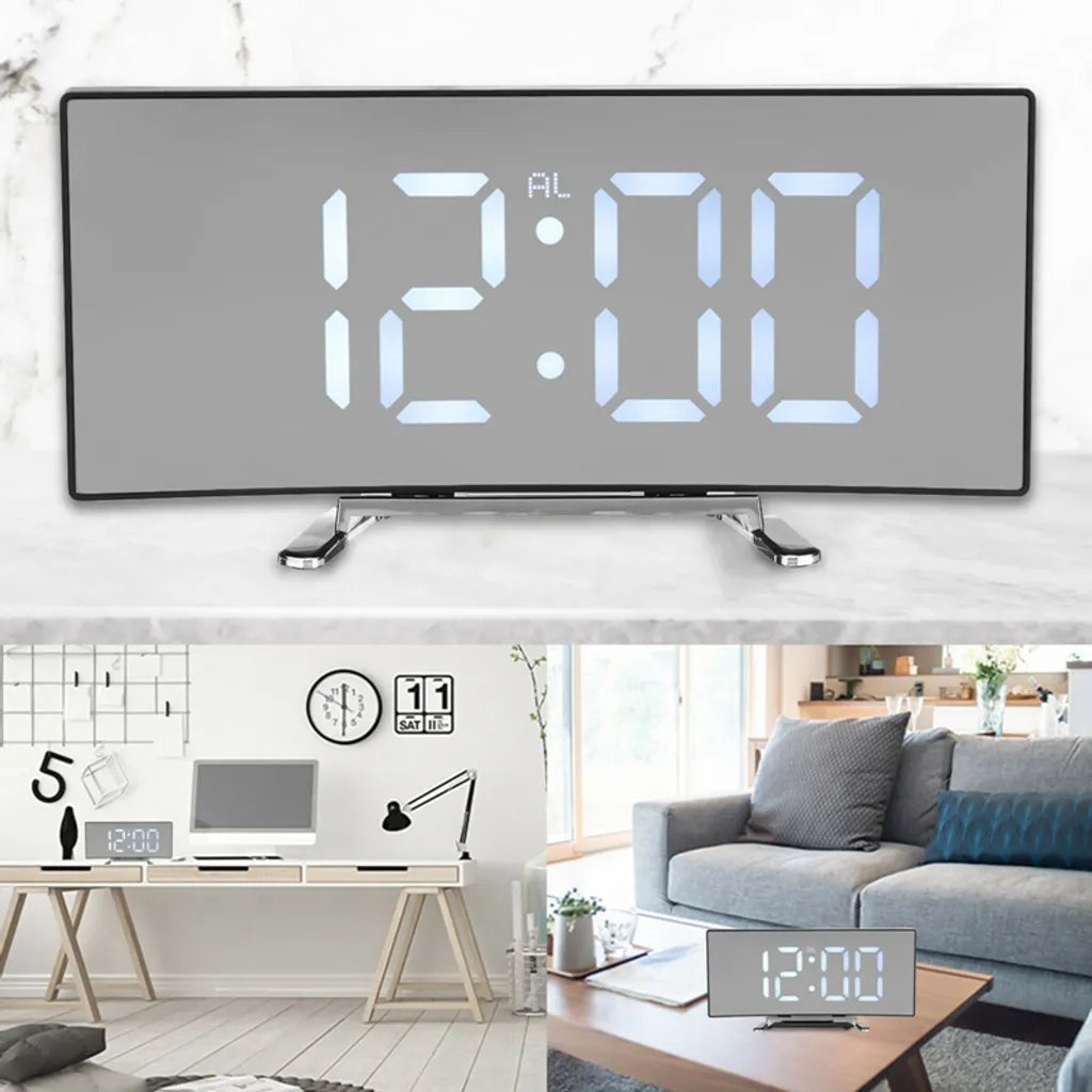  Digitaler Wecker Uhr Mit LED Gebogener Spiegel Großer , USB Stiller Wecker Mit Temperatur- Und Schlummermodus, Harz, Grün