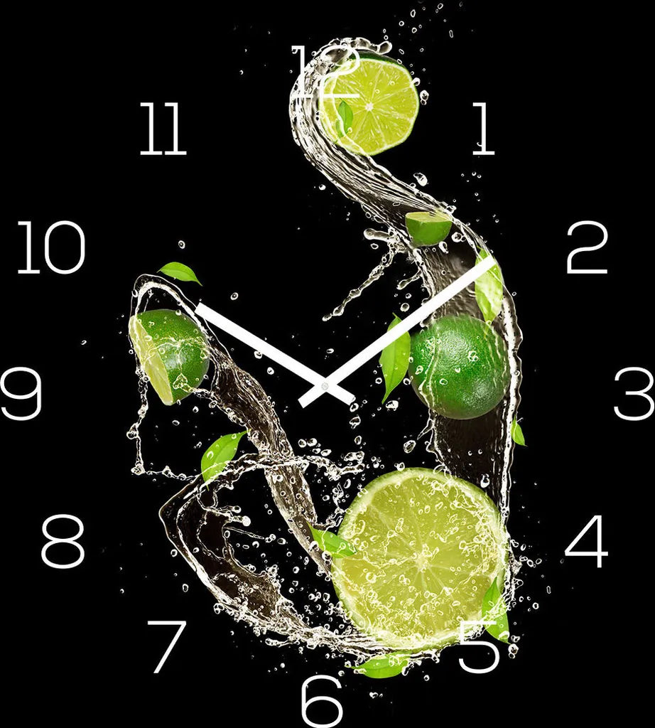  Wanduhr Alu-Dibond 30x30cm Uhr Alubild Limette Frucht Cocktail Bar Küchenuhr