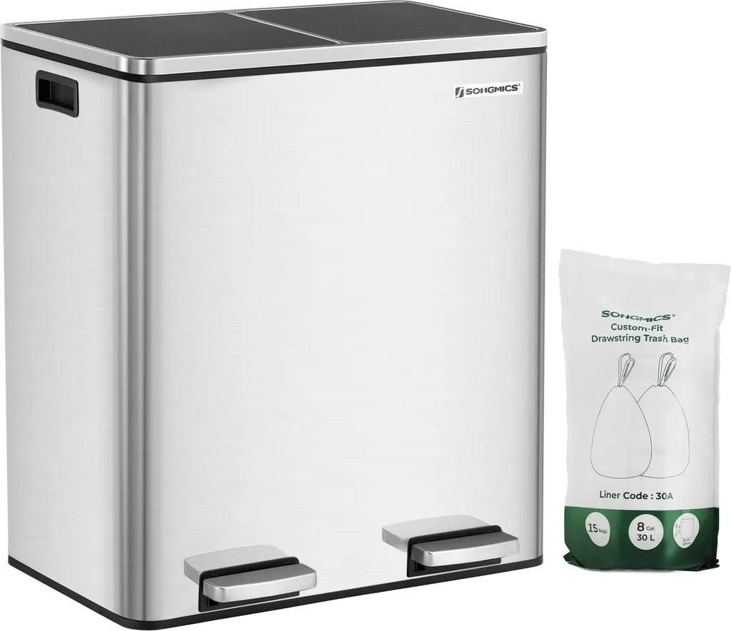  SONGMICS Mülleimer 60L Mit Müllbeutel Treteimer 2 X 30L Edelstahl Abfalleimer Mit Inneneimer Fingerabdruckfrei Mit Handgriffen Trennsysteme LTB60NL