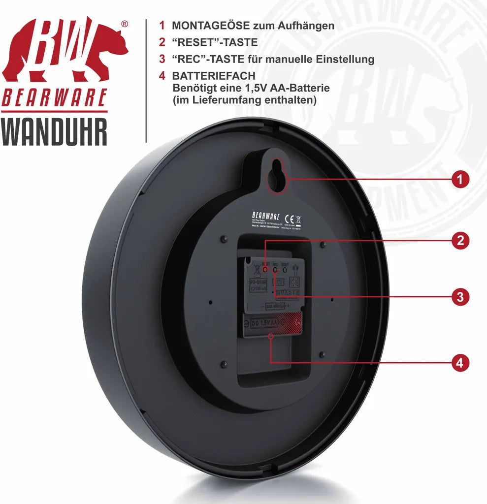  BEARWARE Wanduhr Rund Mit 24 Cm Durchmesser Analoge Anzeige - DCF-Signal - Batteriebetrieb