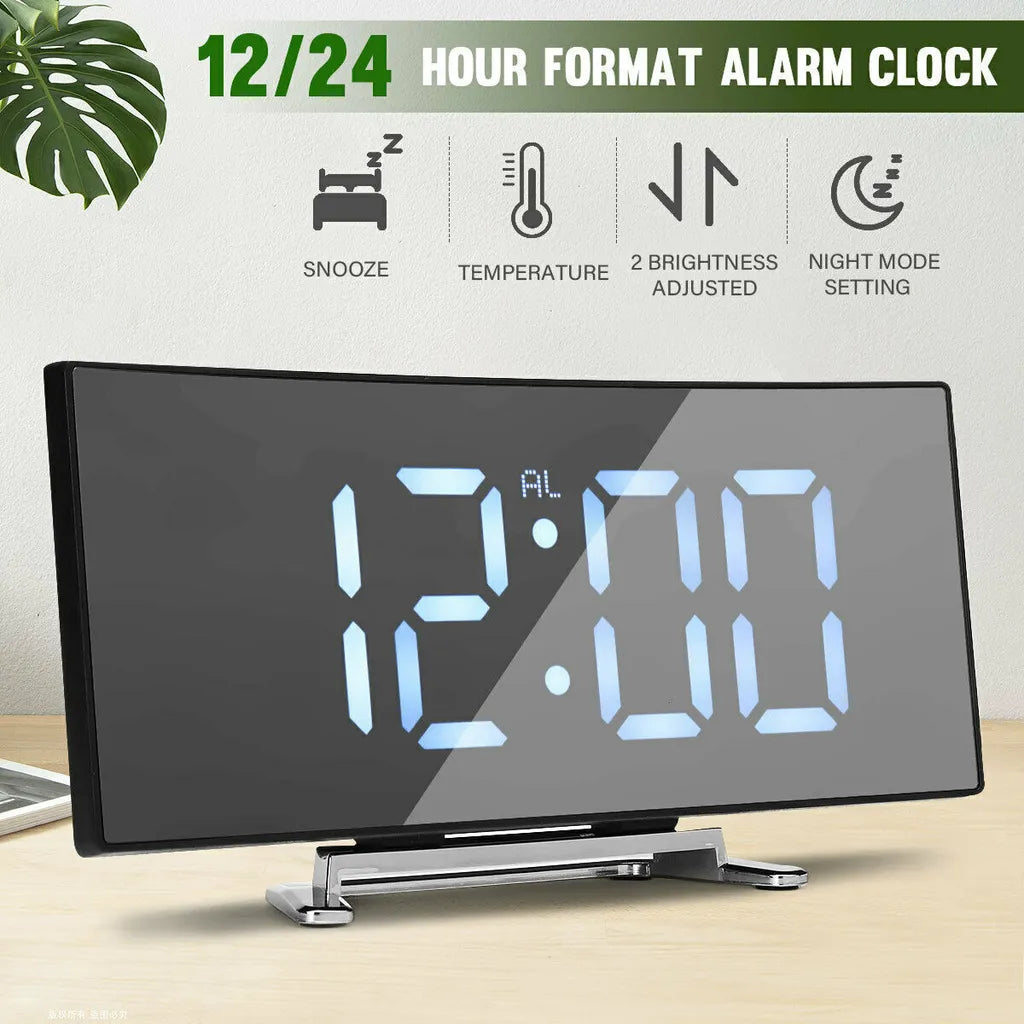  Digitaler Wecker Uhr Mit LED Gebogener Spiegel Großer , USB Stiller Wecker Mit Temperatur- Und Schlummermodus, Harz, Grün