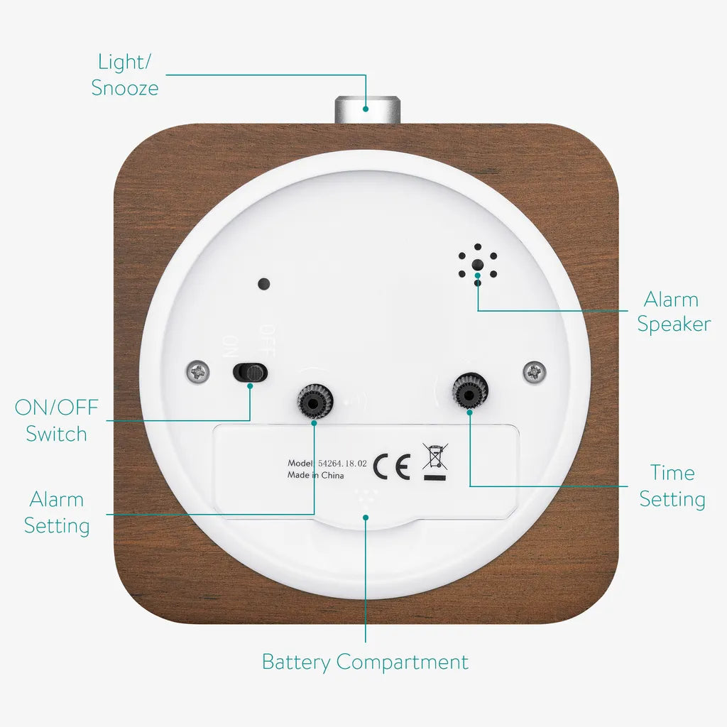  Navaris Analog Holz Wecker Mit Snooze - Retro Uhr Viereck Design Mit Weißem Ziffernblatt Alarm - Leise Tischuhr Ohne Ticken - Holzwecker Dunkelbraun