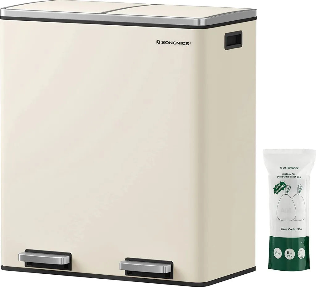  SONGMICS Mülleimer, 2 X 30 L, 2 Fächer, Mülltrennsystem, Treteimer, Abfalleimer Küche, 15 Müllsäcke, Aus Metall, Inneneimer Aus Kunststoff, Klappdeckel, Softclose, Luftdicht, Cremeweiß LTB060A01