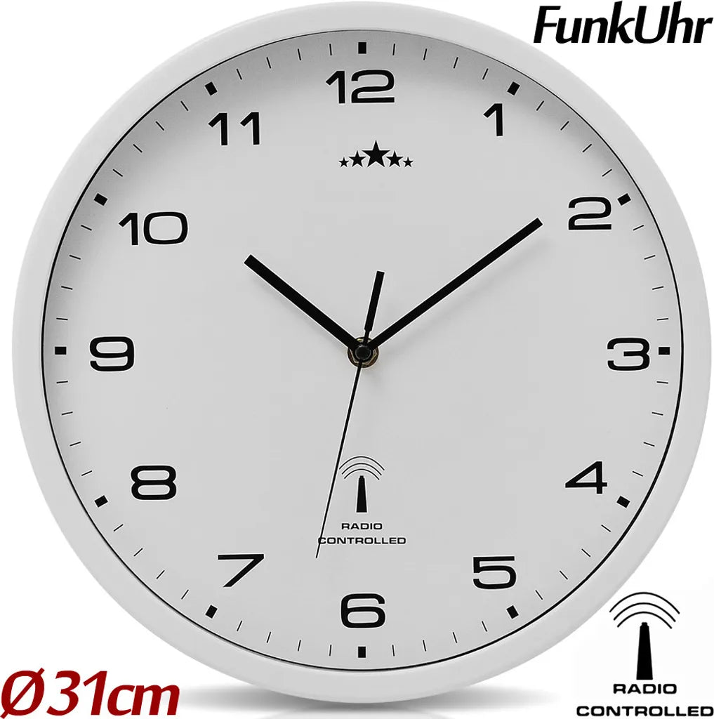  Monzana Wanduhr Funk Automatische Zeitumstellung Geräuscharm Quarzuhrwerk Analog 31 Cm Indoor Funkuhr Uhr Modern Weiß