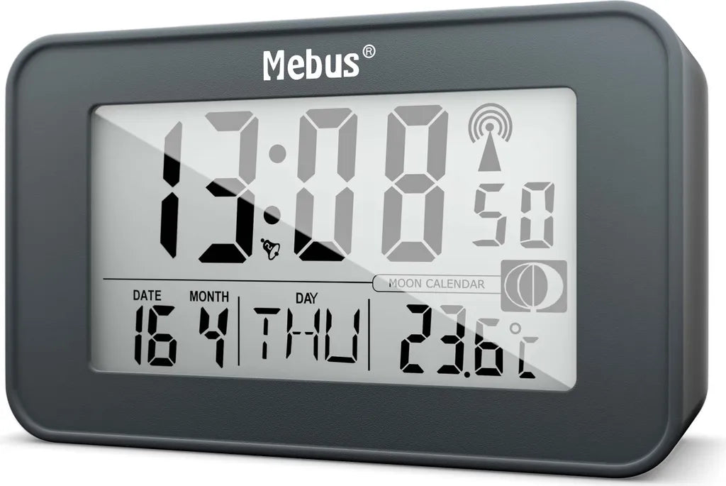  Mebus Digitaler Funkwecker Mit Mondkalender, Beleuchtung, Innenthermometer, 2 Weckzeiten, Schlummer-Funktion