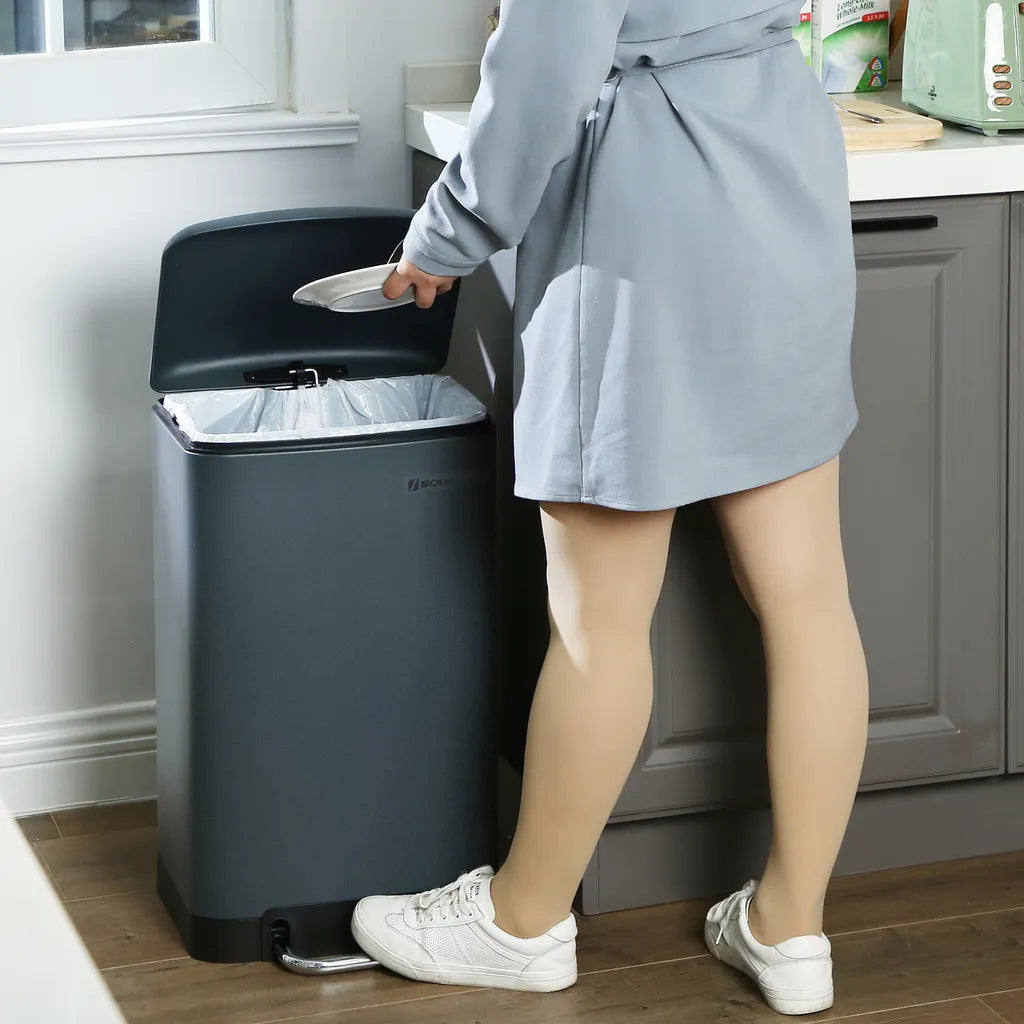  SONGMICS Mülleimer, 30 Liter Abfalleimer, Treteimer Aus Stahl, Mit Inneneimer Und Deckel, Softclose, Luftdicht Rauchgrau LTB01GS
