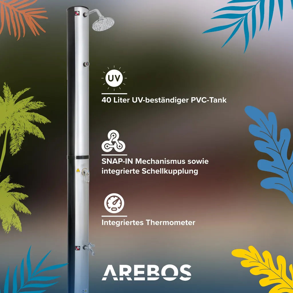  AREBOS Solardusche 40 Liter, Inklusive Abdeckhaube, Mit Integriertem Thermometer, Mit Fußdusche, Mit Gartenschlauch-Anschluss, Silber-Schwarz