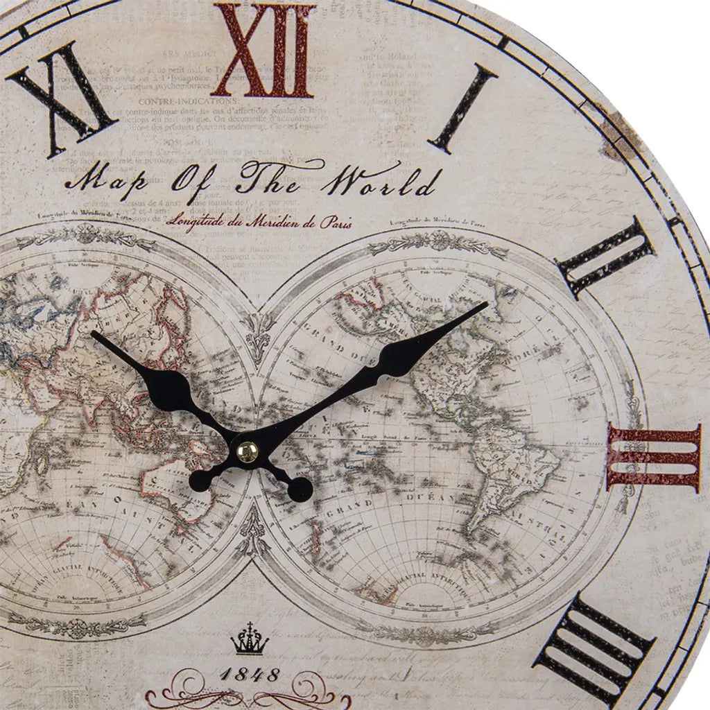  HAES DECO - Wanduhr 34 Cm Vintage Mit Weltkarte - Zifferblatt Römischen Ziffern