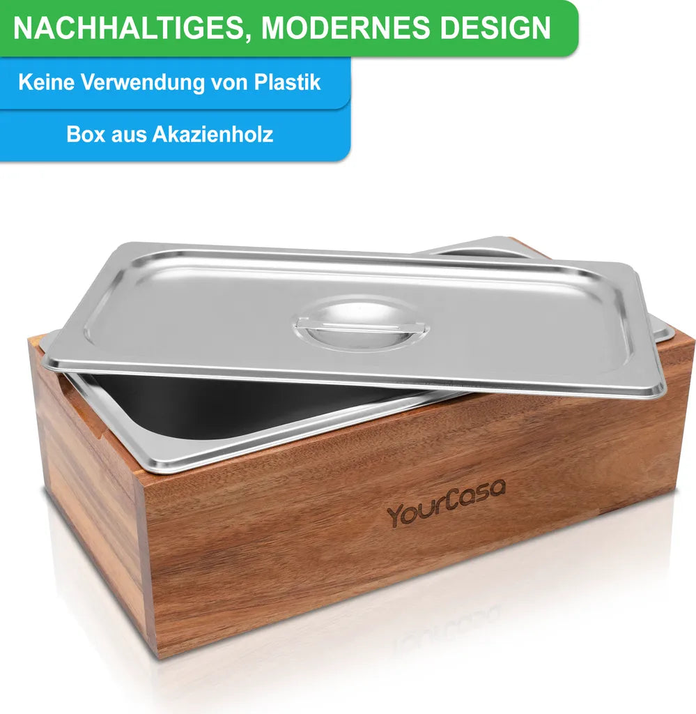  YourCasa® Komposteimer - Akazien Holz Box - Biomülleimer Küche - Spülmaschinenfest - Geruchsdicht- Herausnehmbarer Edelstahl Einsatz -Mülleimer Küche Mit Deckel Biomüll
