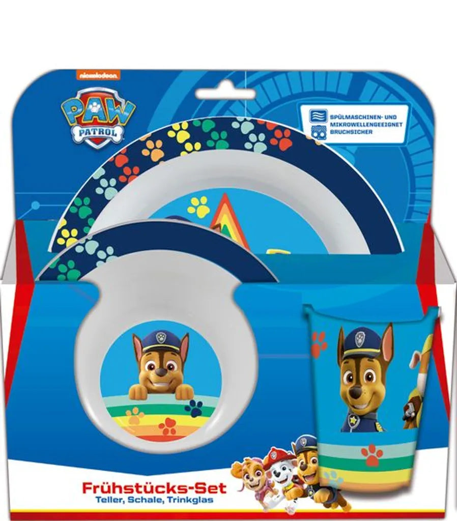  P:os Frühstücksset Paw Patrol (Teller, Schale Trinkglas) 3teilig, Blau, 3-teilig (1 Set)