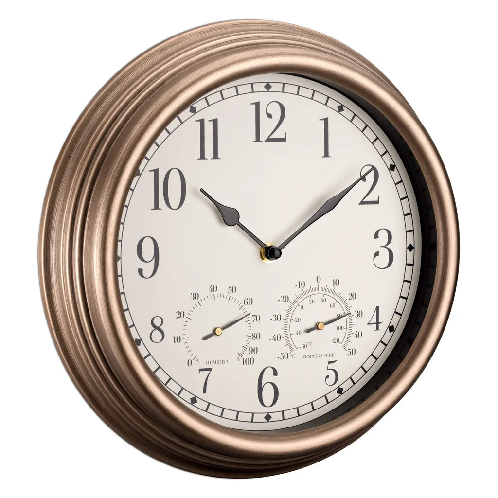  Navaris Outdoor Wanduhr Analog - Mit Thermometer Und Hygrometer Anzeige - 30,5 X 4,9cm - Runde Uhr Zum Aufhängen Ohne Ticken - Deko Garten Wand Uhr