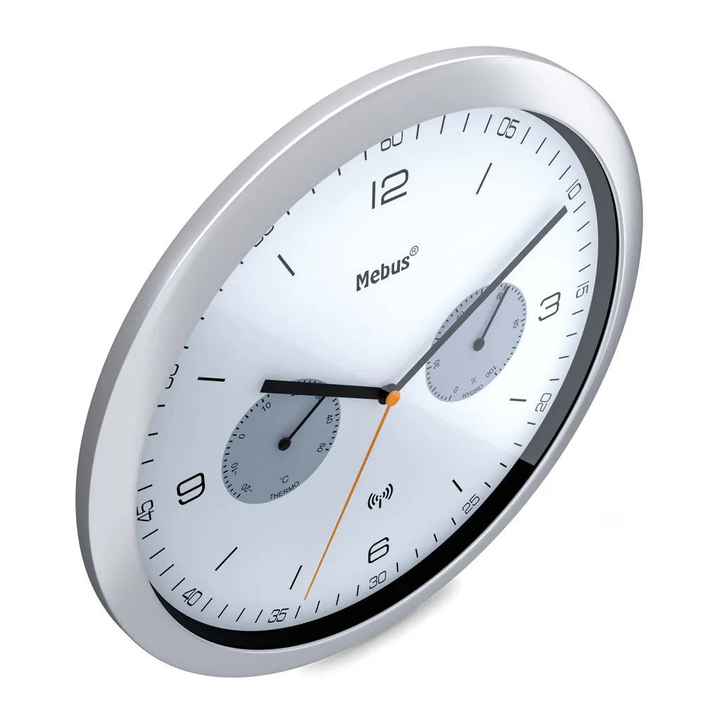  Mebus Funk-Wanduhr Mit Thermometer Und Hygrometer / Quarz-Uhrwerk / 26 Cm Durchmesser / Rund