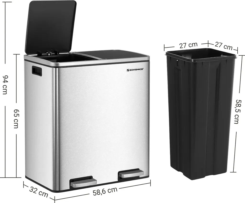  SONGMICS Mülleimer 60L Mit Müllbeutel Treteimer 2 X 30L Edelstahl Abfalleimer Mit Inneneimer Fingerabdruckfrei Mit Handgriffen Trennsysteme LTB60NL
