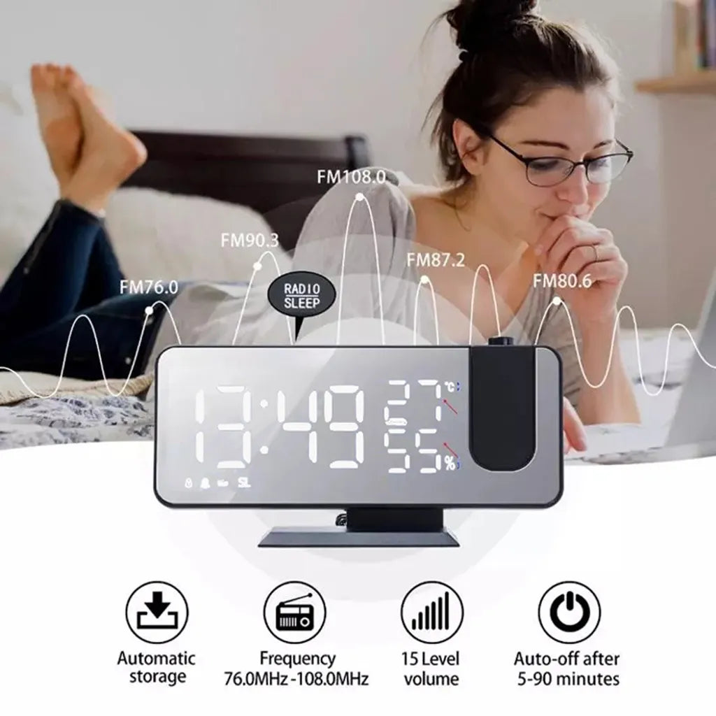  Projektionswecker, Digital Wecker Mit Projektion 180 °, Radiowecker Mit USB-Anschluss Großem LED-Anzeige Snooze Dual-Alarm,4 Projektionshelligkeit Mit Automatischem Dimmer, 32FM Radio