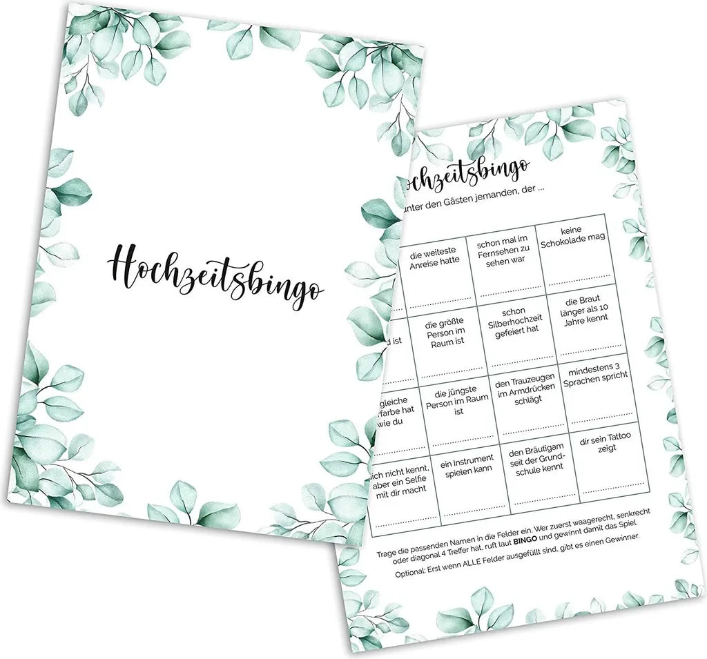  Hochzeitsbingo Karten Mit Je 16 Aufgaben - Lustiges Hochzeitsspiel Für Gäste Zum Kennenlernen (Eukalyptus, 50x Stück)