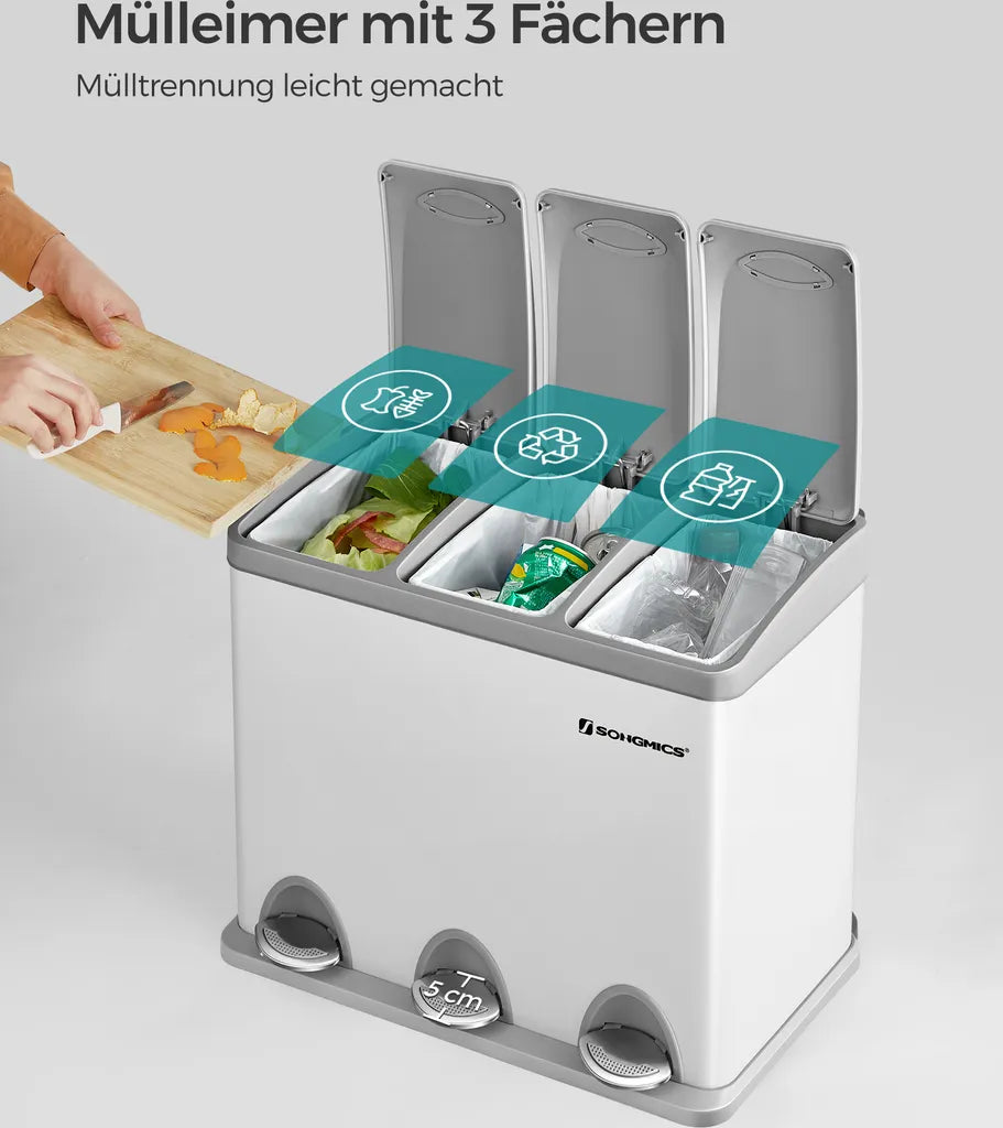  SONGMICS Mülleimer Für Die Küche, 3 X 8 Liter, Abfalleimer Aus Metall, 3-in-1 Treteimer, Mülltrennung, Mülltrennsystem, Mit 15 Müllsäcken, Einfach Zu Reinigen, Stahl, Weiß-grau LTB24WT