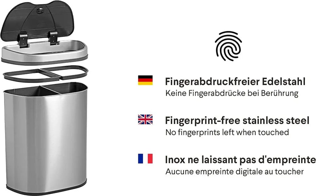  QUBIX Sensor Mülleimer 70L - 2 X 35L - 2 Fächer - Edelstahl - Abfalleimer - Abfalltrennsensor - Abfalltrennung Mülleimer