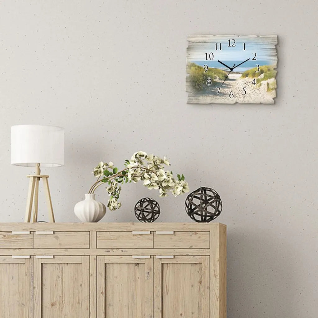  ARTland Holz Wanduhr Quarzuhr - Schwarzer Zeiger Strand Mit Sanddünen Und Weg Zur See Größe: 40x30 Cm