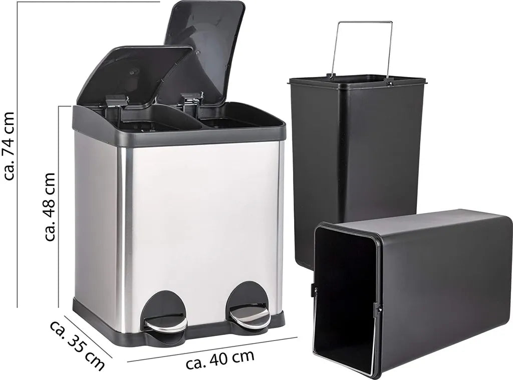  ONVAYA® Doppel Tretmülleimer Leo Edelstahl | 30L Mülltrennsystem Für Die Küche | Duo Abfalleimer In Silber & Schwarz | Müllbehälter 2X 15L