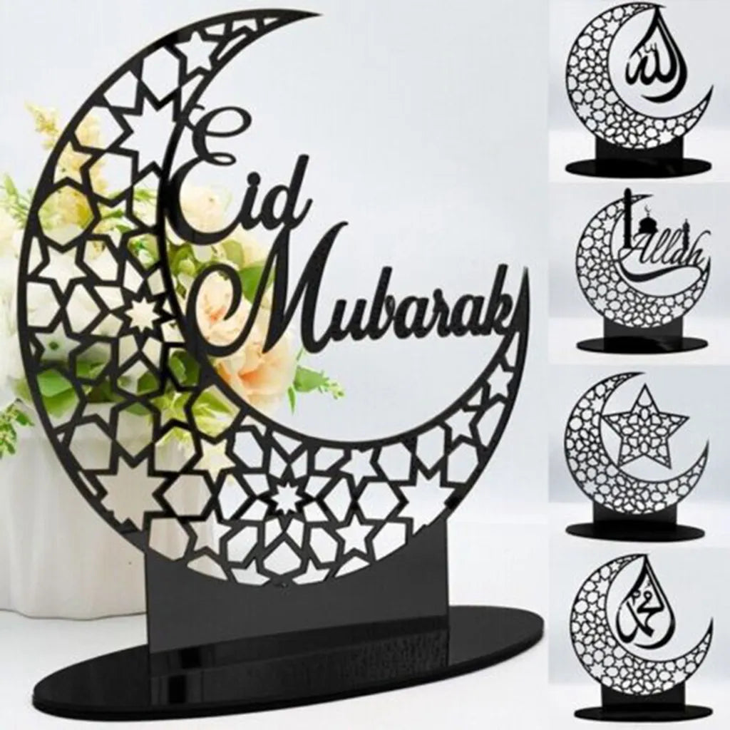  2x Ramadan Eid Mubarak Dekorationen Eid Mubarak Acryl Ornamente Mond Sterne,Muslim Festival Dekorationen, Schwarz