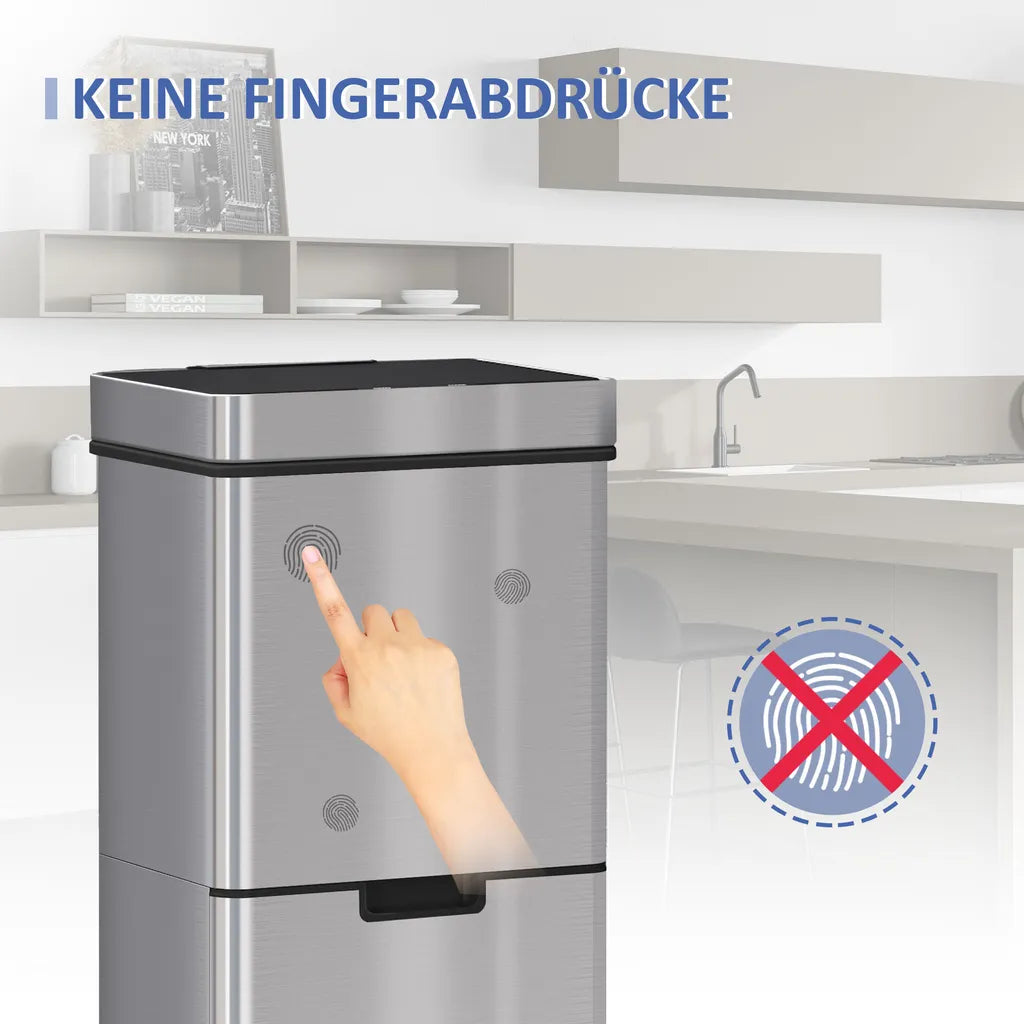  HOMCOM Mülleimer Abfalleimer Mit Sensor 72 L Mülltrennsystem 3 Fächer Edelstahl Silber 42 X 30 X 81 Cm