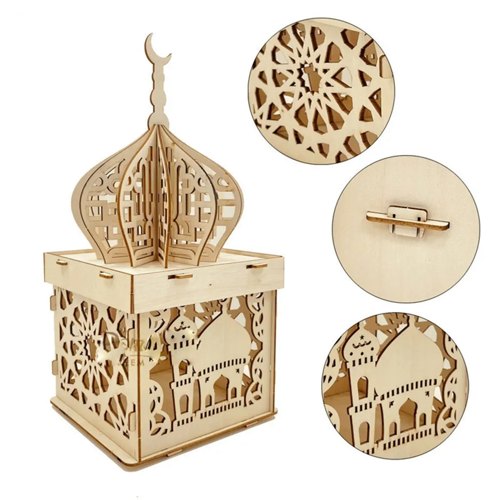  3 Stück Ramadan Dekoration Laterne LED Holz Stereo Palace Lampe Eid Mubarak Dekorative Laterne Ramadan Kareem Muslim Islam Party