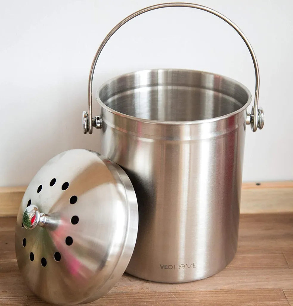  Komposteimer Küchen-Kompostbehälter VeoHome Mit Aktivkohlefilter (5L) - Rostfreier Edelstahl, 100% Luftdicht, Um Geruch Aus Organischen Lebensmittelresten Zu Hause