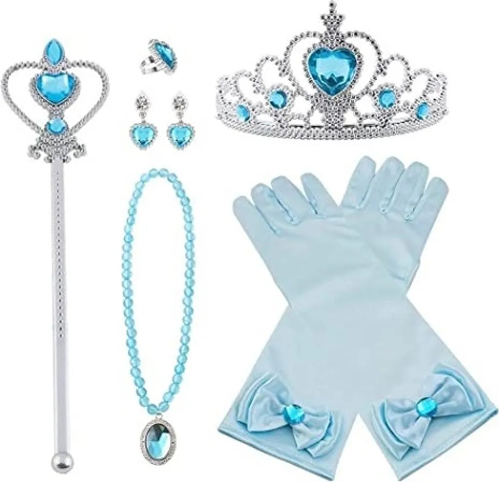  Prinzessin Kostüme Zubehör, 8-teiliges Set Mädchen Dress Up Zubehör Mit 1 X Elsa Krone, 1 X Paar Elsa Handschuhe, 1 X Zauberstab, 1 X Halskette, 2 X Ohrring (Blau)