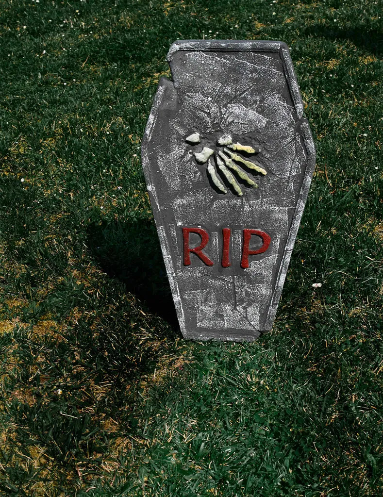 Elite Halloween-Grabstein RIP Mit Knochenhand Grau-gelb-rot 59x35cm