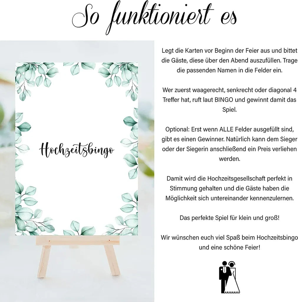  Hochzeitsbingo Karten Mit Je 16 Aufgaben - Lustiges Hochzeitsspiel Für Gäste Zum Kennenlernen (Eukalyptus, 50x Stück)
