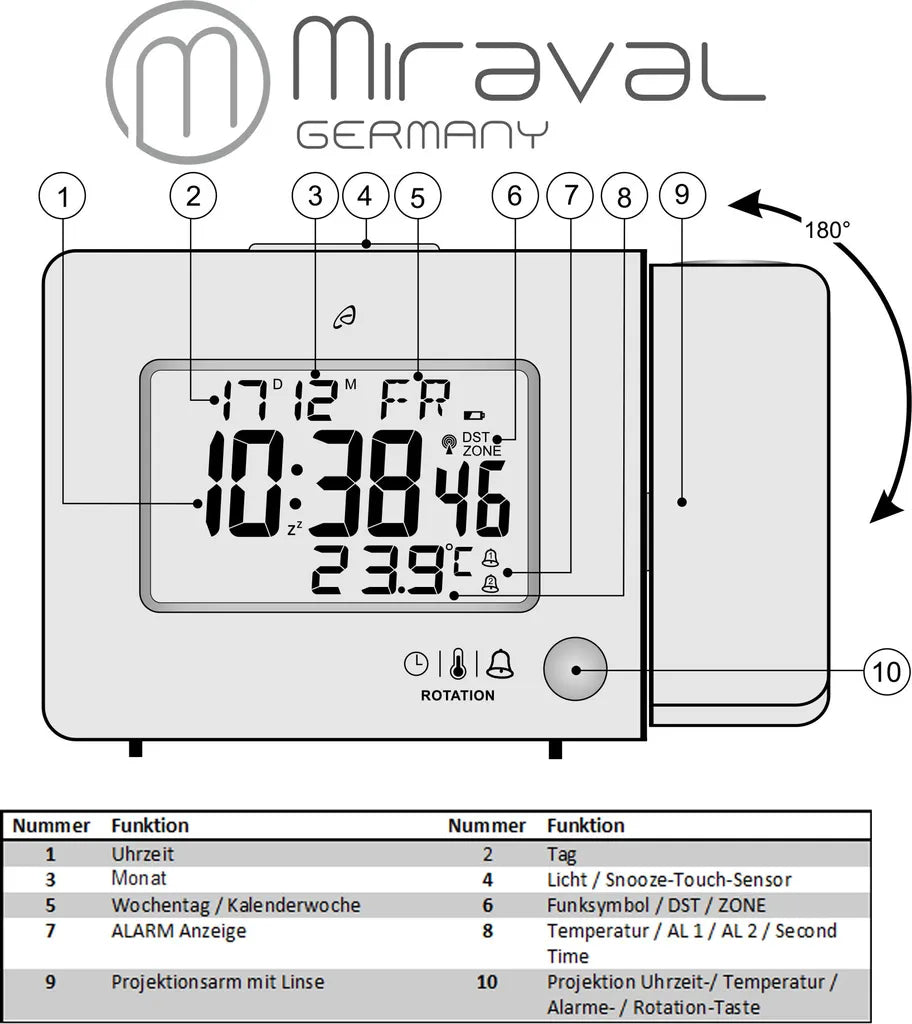  Miraval Funk-Projektionswecker Funkwecker USB 2 Alarme Temperaturanzeige Datum - 4-MV5822-1
