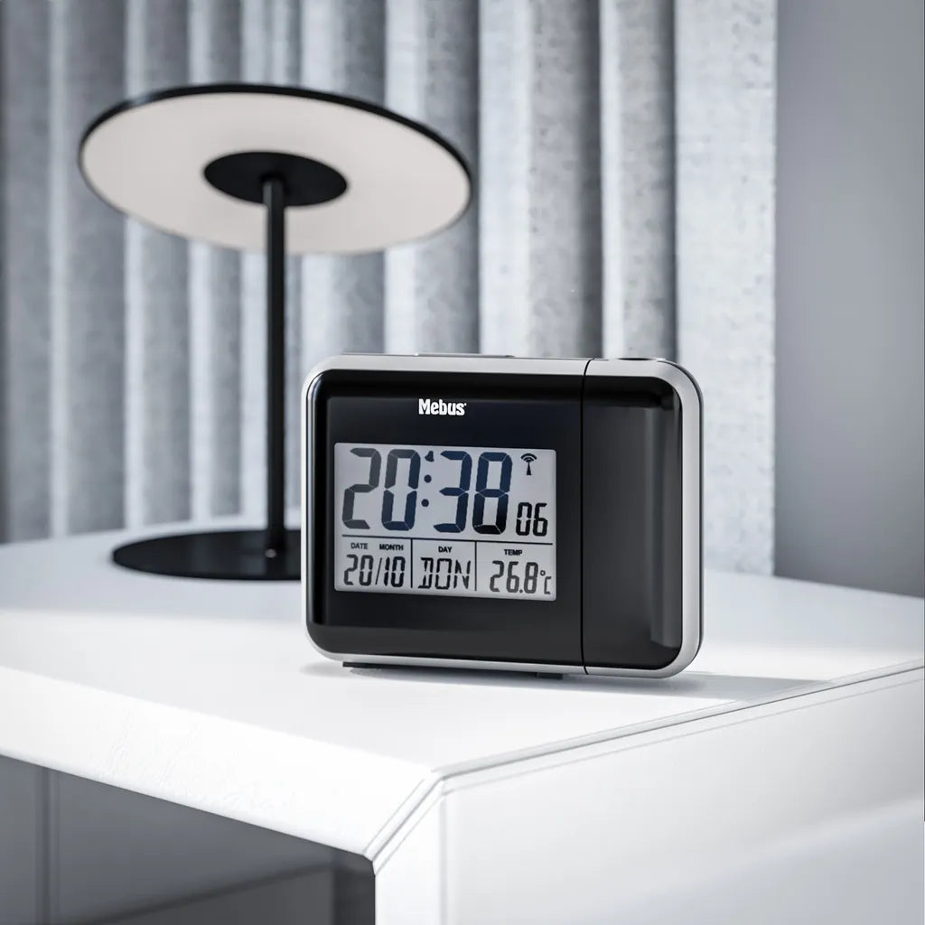  Mebus Funk-Wecker Mit Projektion Und Thermometer / Funkuhrwerk – Stellt Sich Vollautomatisch Ein / Schwenkbarer Projektor / Farbe: Schwarz / Modell: 42425