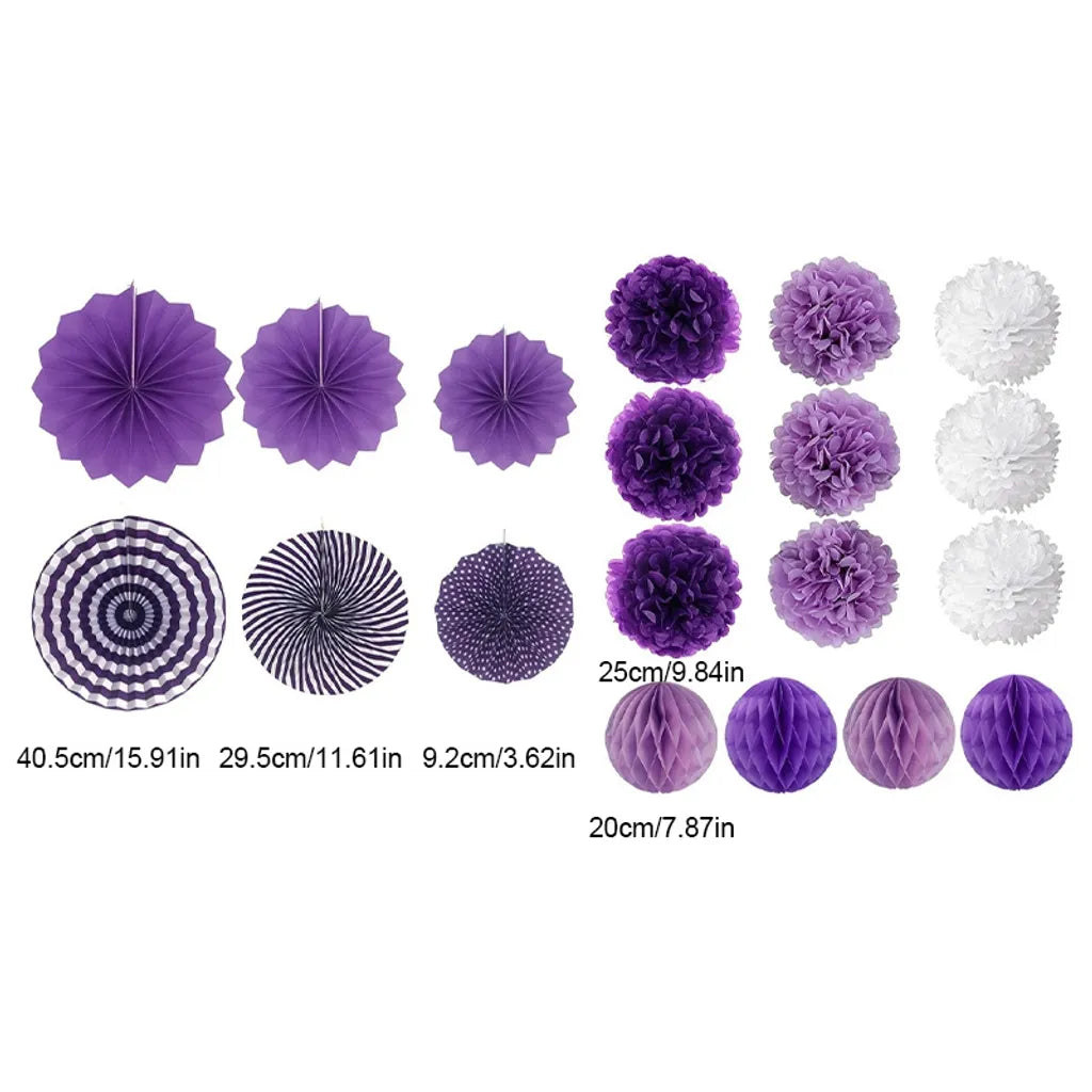  19 Stk/Set Lila Seidenpapier Pompons + Papierfächer + Wabenbälle Hochzeit Geburtstag Party Deko Papier Blumen Puscheln