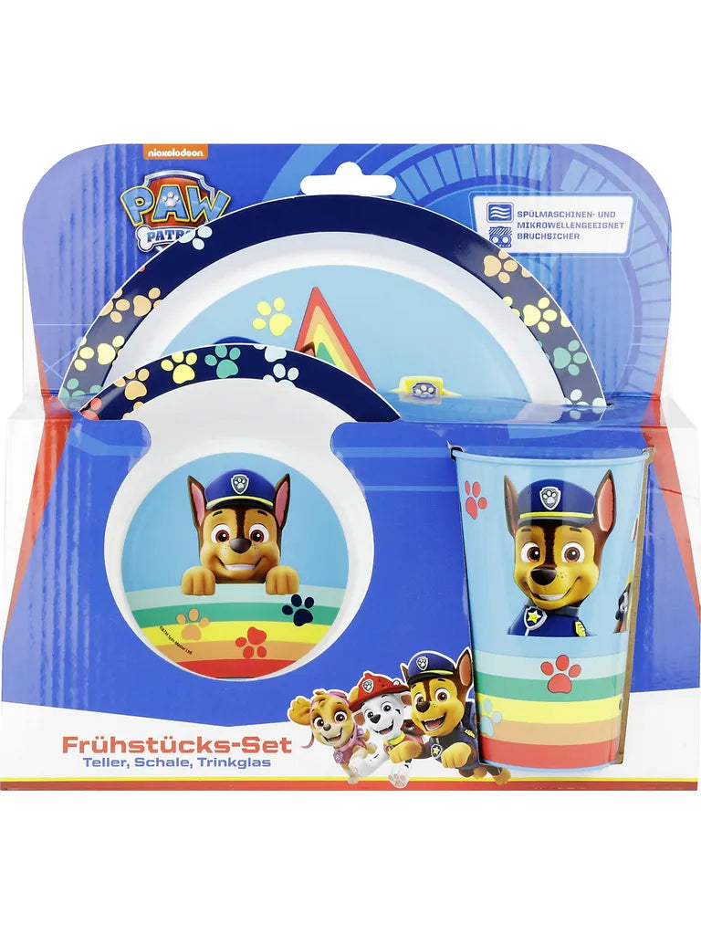  P:os Frühstücksset Paw Patrol (Teller, Schale Trinkglas) 3teilig, Blau, 3-teilig (1 Set)