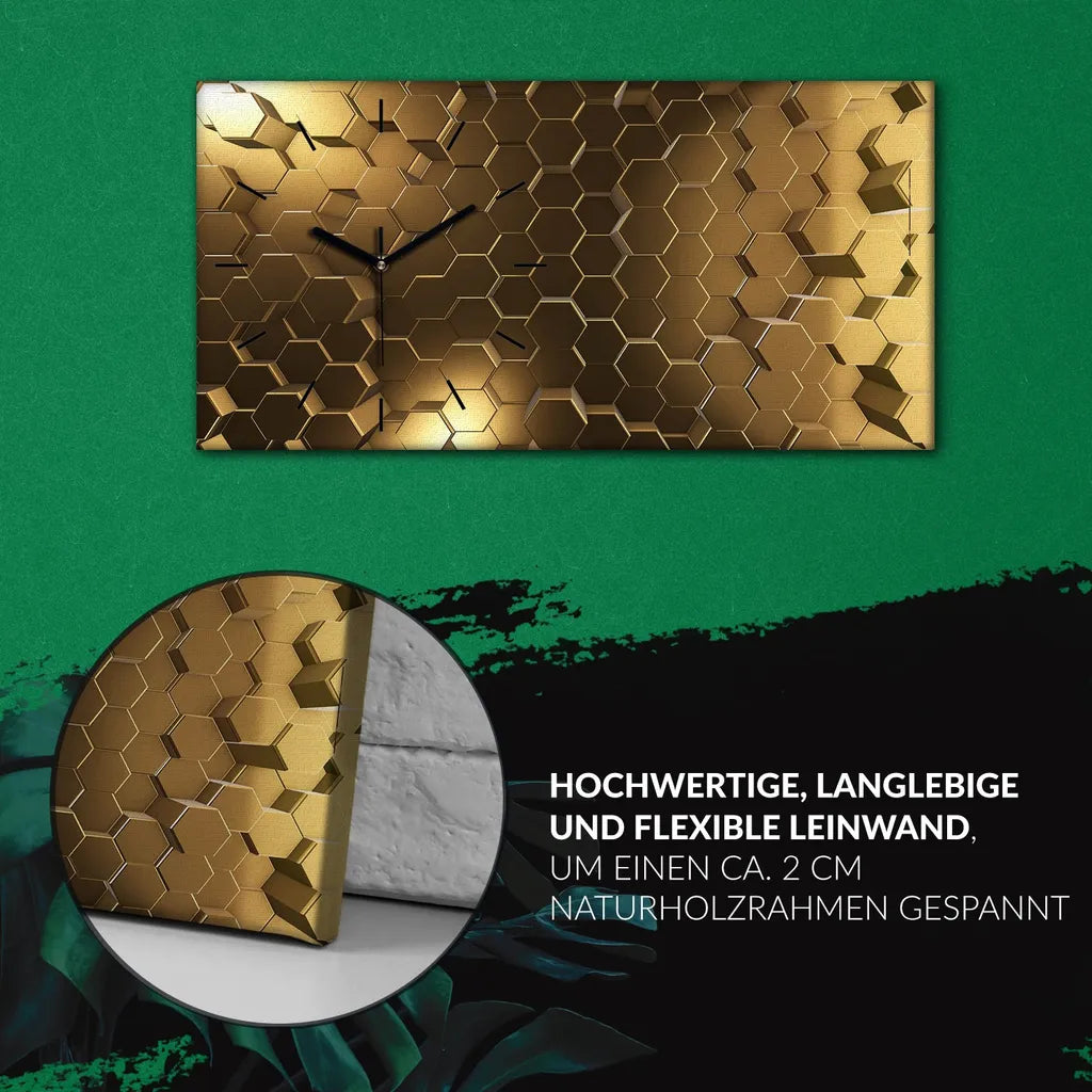  Küchenuhr Bürouhr Leinwand Uhr Geräuschlos 60x30 Abstrakte Kunst Hexagone - Schwarze Hände