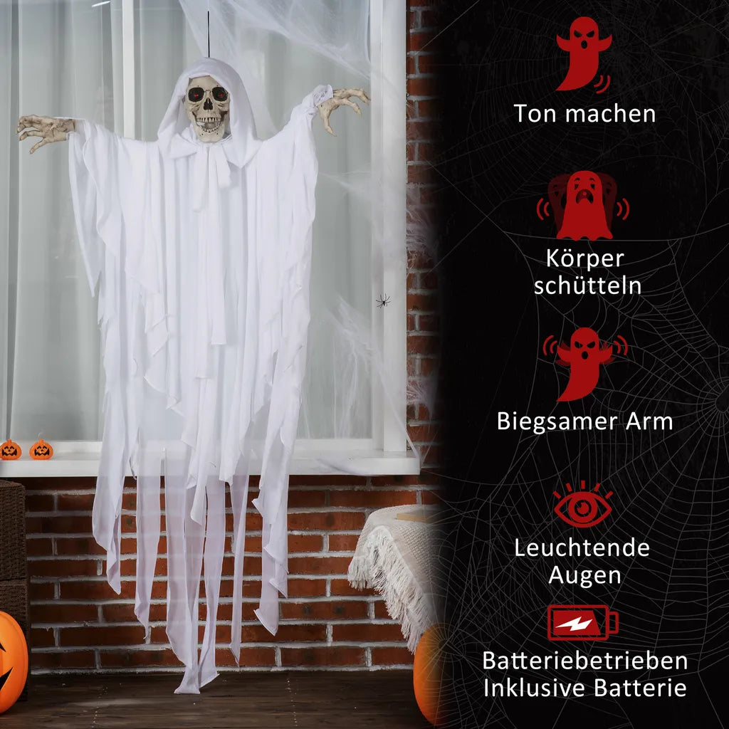  Outsunny 153 Cm Halloween Deko Horror Gespenst Hängend Geist Gespenst Augenglühen Mit Spezialeffekten Und Soundfunktion Weiß
