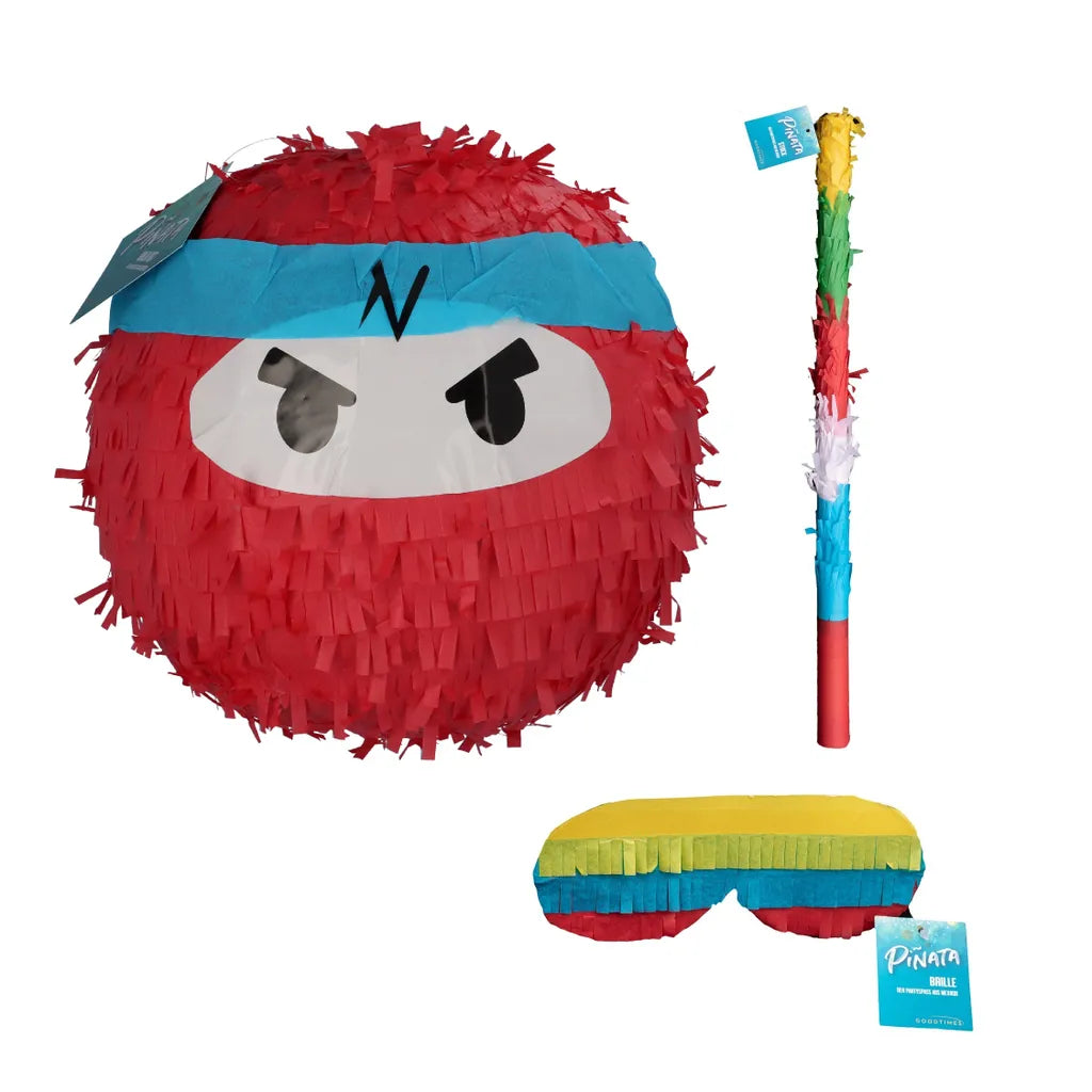  Pinata Set Ninja Mit Schlag Stock Und Brille Maske Zum Aufhängen Und Befüllen Rot Party Deko Geburtstag Kinder 30x30x30 Cm