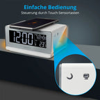  MEDION E75009 Wecker Mit Qi Ladefunktion (Weckstation, Ladestation, Induktives Laden, Temperaturanzeige, Snooze Schlummerfunktion, Timer, Displaydimmer) Silber