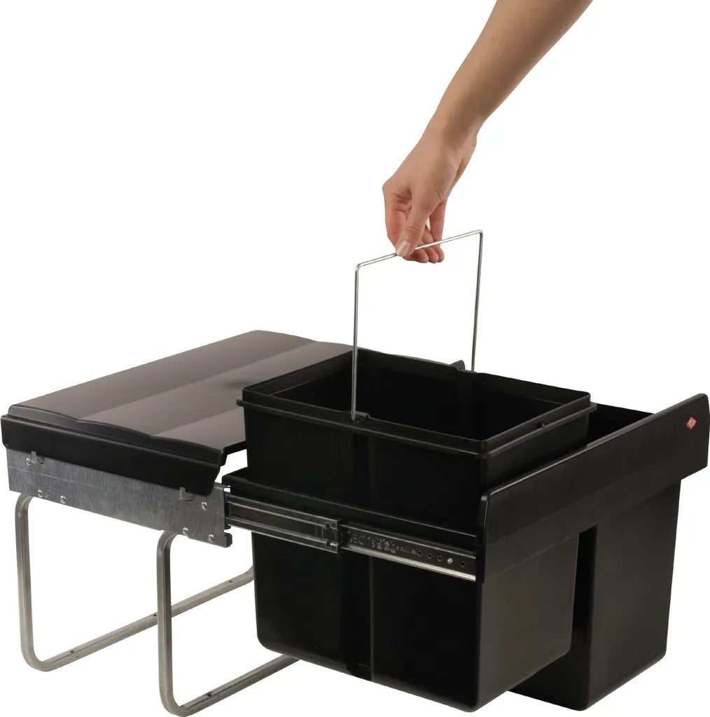  Wesco Niedriger Mülleimer Küche Ausziehbar | 2 X 15 L Einbaumülleimer Mit Schienengestell | Abfallsystem | Abfallsammler | Trennsystem | Bodenmontage | Kunststoff Schwarz | 28015 0