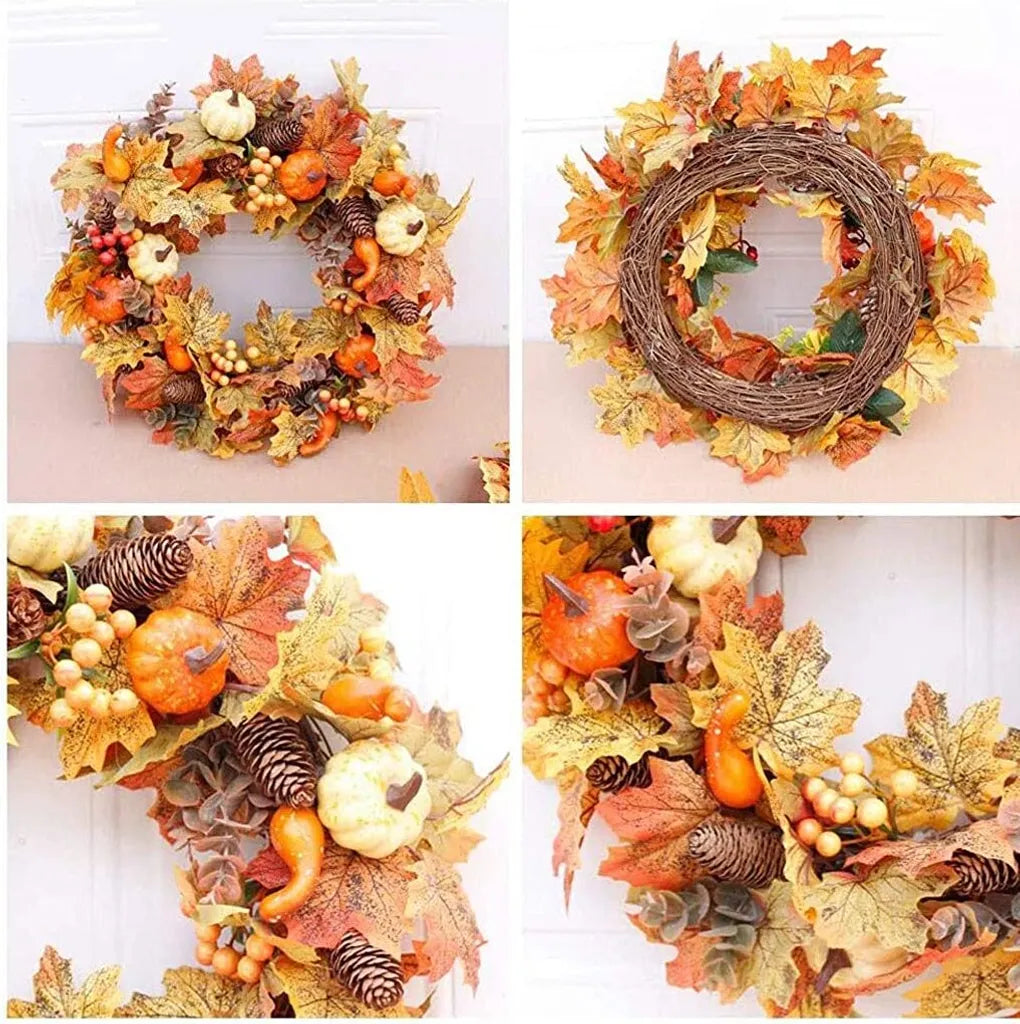  50cm Künstlicher Herbstkranz, Rosenkranz Für Haustür Ahornblatt Türkranz Mit Kürbis Beere Klingel Für Halloween Das Erntedankfest Innen- Oder Außenanordnung Dekoration