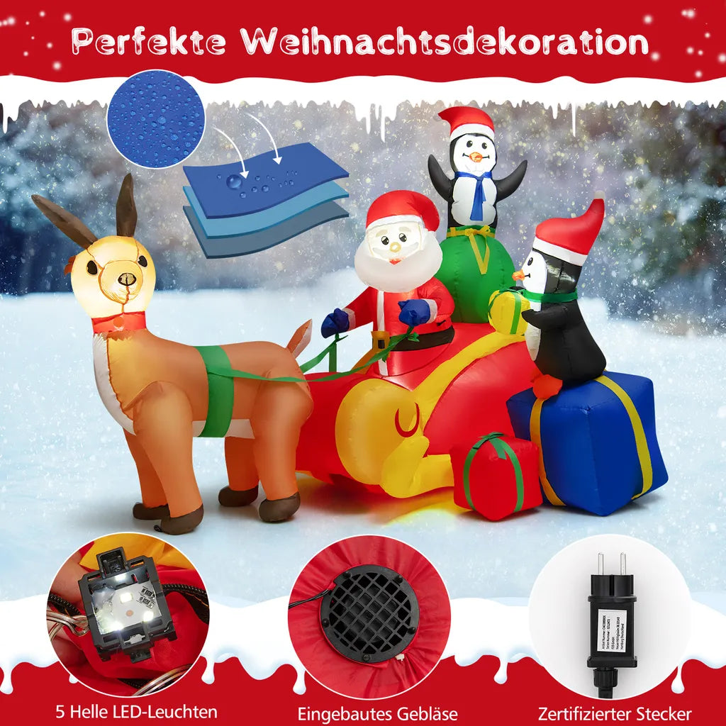  COSTWAY Aufblasbarer LED Weihnachtsmann Im Schlitten Mit 2 Pinguinen & Geschenken 180cm Lang, Weihnachtsdekoration Mit Wasserdichtem Gebläse Für Weihnachten