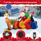  COSTWAY Aufblasbarer LED Weihnachtsmann Im Schlitten Mit 2 Pinguinen & Geschenken 180cm Lang, Weihnachtsdekoration Mit Wasserdichtem Gebläse Für Weihnachten