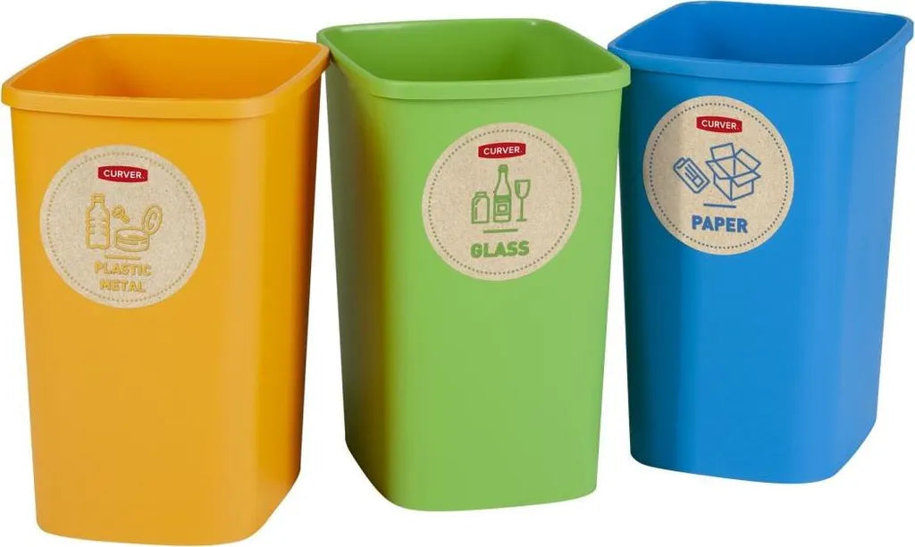  Curver Eco Friendly 3er-Set Mülltrennungssystem Mülleimer Mülltrennung Papier Glas Und Kunststoff Recycling-Eimer Aus Kunstoff (3x9L)